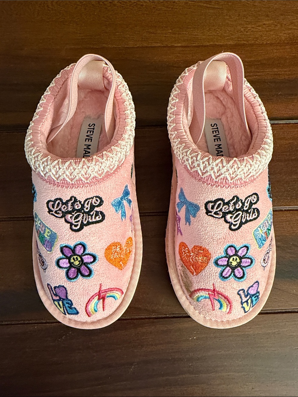 Steve Madden Kids Pink Embroidered Slip-On Slippers with Colorful Patches